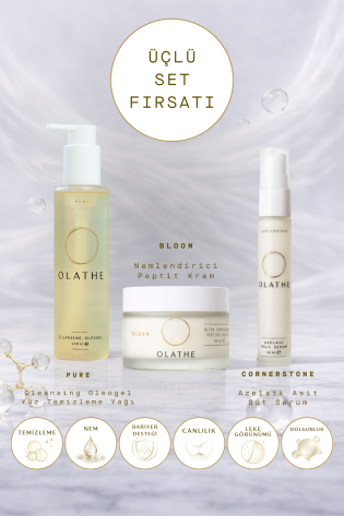 OLATHE SET : Arındırıcı Temizleme Yağı, Akne Karşıtı Süt Serum ve Peptitli Aydınlatıcı Nemlendirici